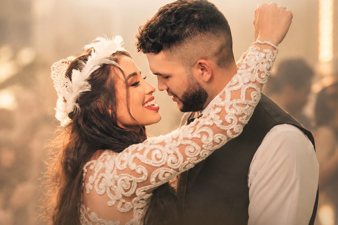 A couple shares a joyful first dance, the bride in a feathered headpiece and beaded lace sleeve