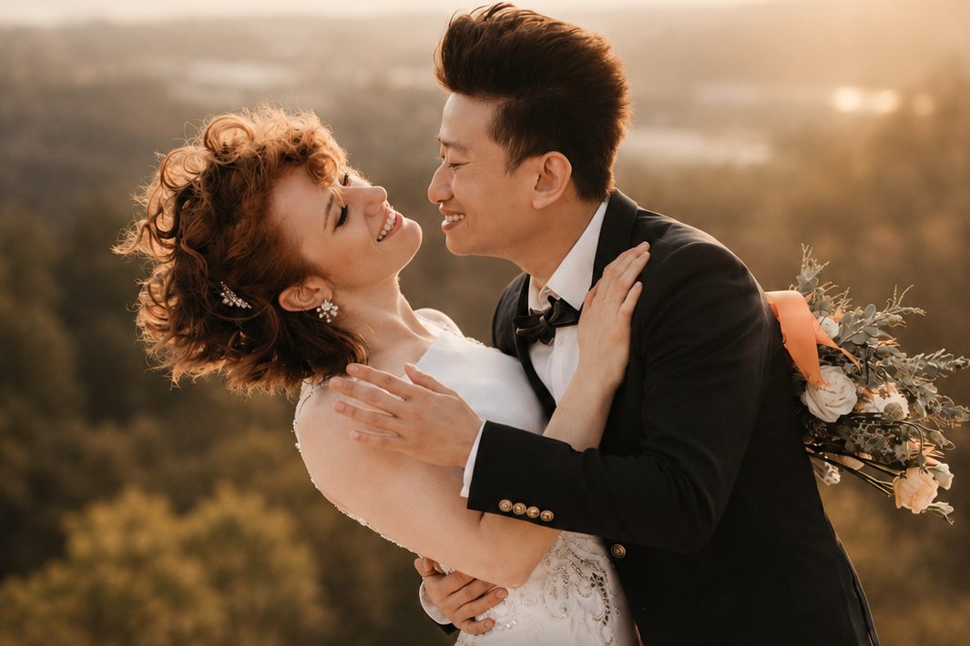 A couple laughing together at sunset on a hilltop, the bride holding a bouquet